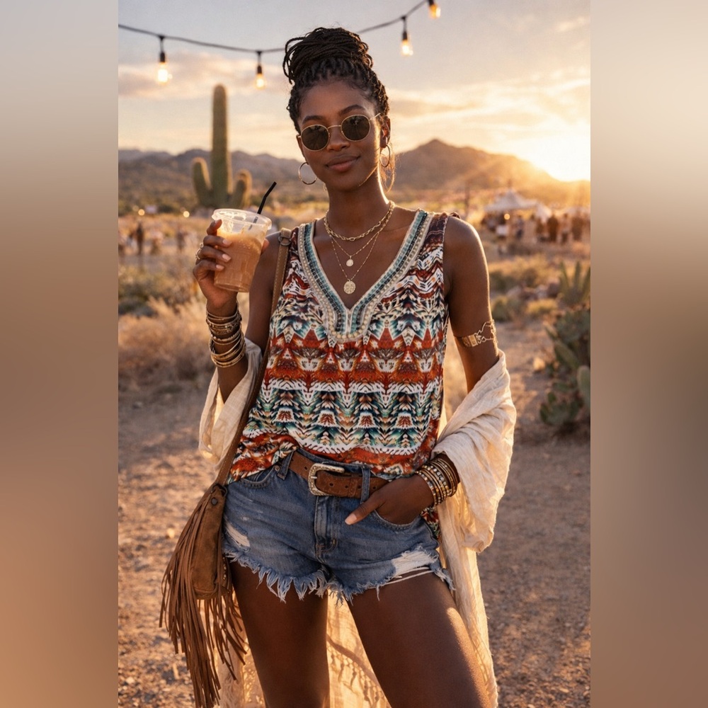 Beaded Boho Sleeveless Top Medium Southwest Print V Neck Shirt